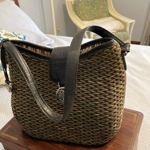 Brighton Straw Purse W/ Black Leather Strap & Trim, Striped Lining, VG Cond.